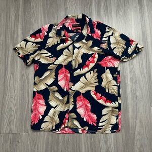 Banana Republic Navy Shirt with Red and Tan Leaf Pattern medium